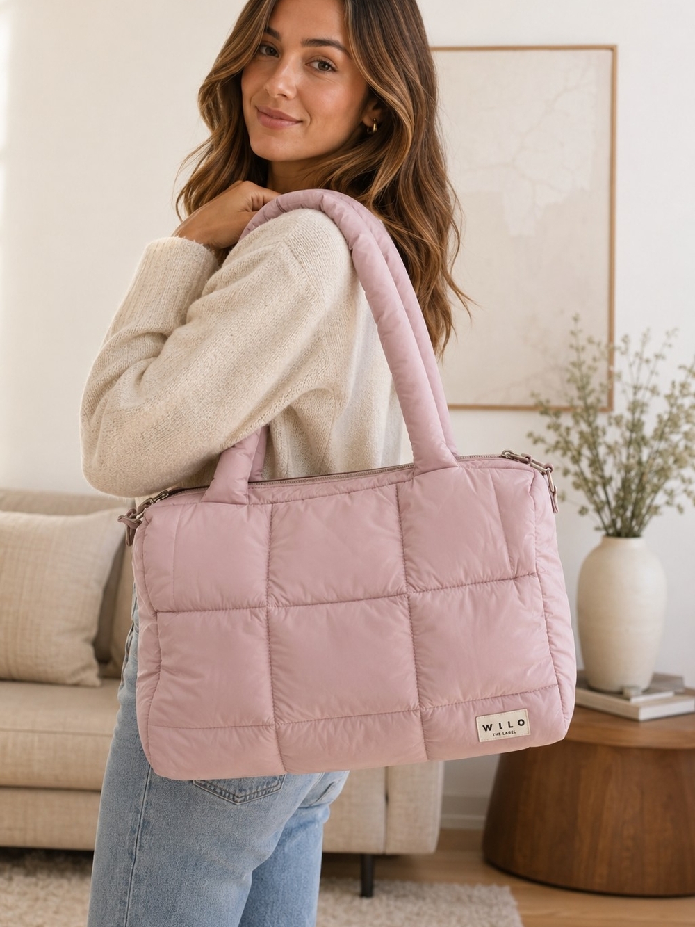 W.LLO Quilted Puffer Tote And Pouch in Dusty Rose